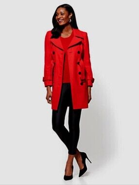 Caché Vintage Satin Mid-Length Button Front Red Trench Coat Size Large